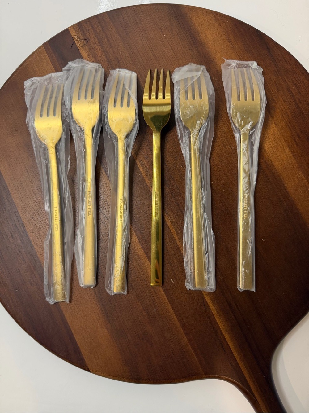 Set of 6 Gold Stainless Steel Dinner Forks Hammered Textured Handle Flatware New